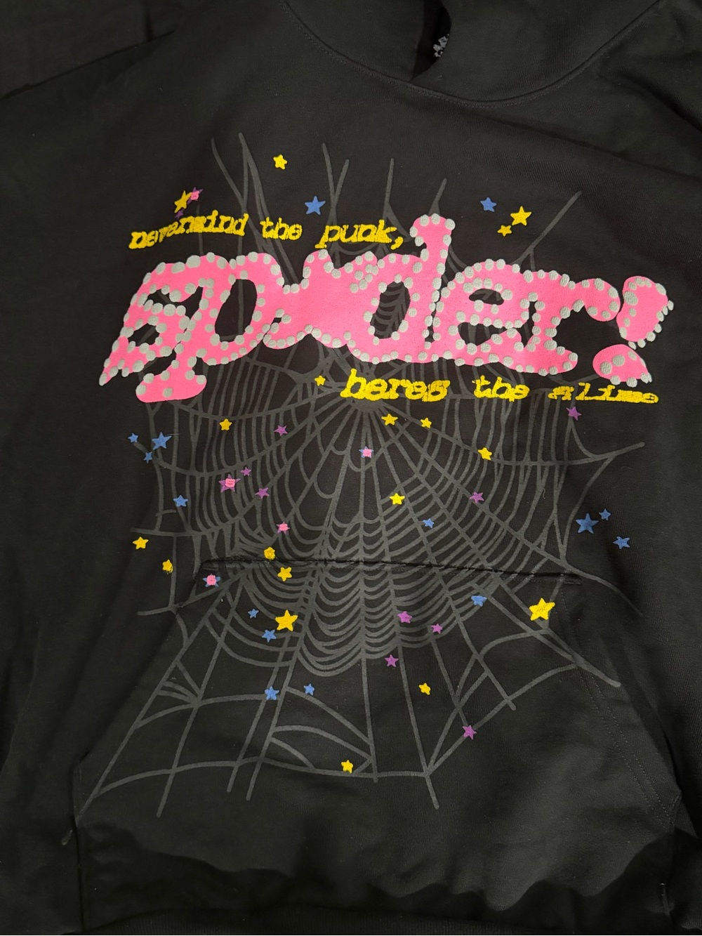 Black Sp5der Graphic Pullover Hoodie with Pink Accent